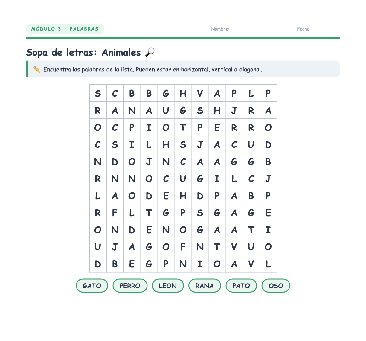 Sopa de letras de animales